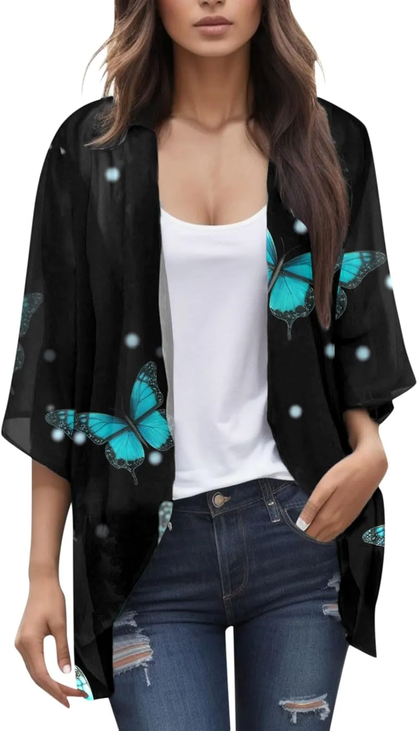 2023 Women's Casual Cardigan Puff Sleeve Floral Lightweight Coats Fall Open Front Cardigans Soft Draped Cardigan Jackets