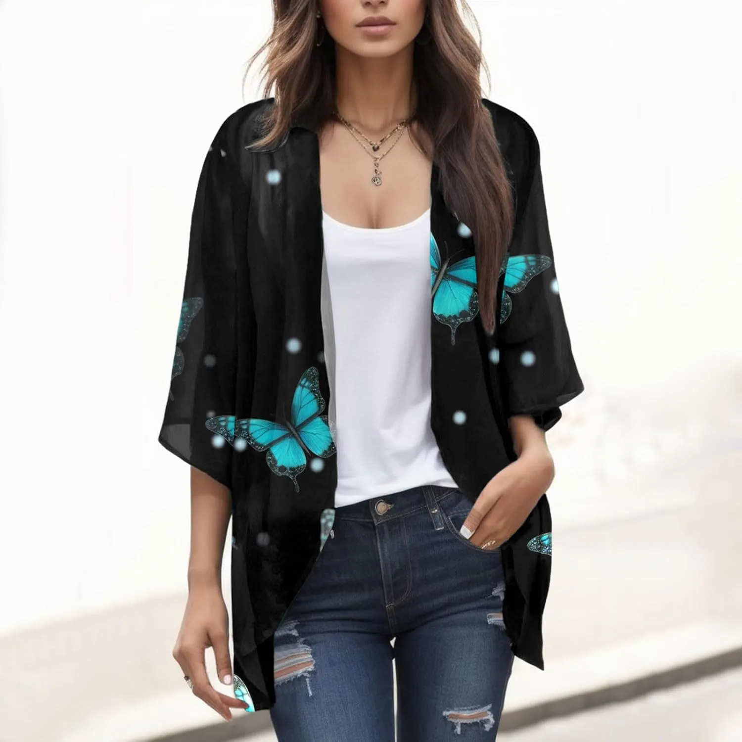 2023 Women's Casual Cardigan Puff Sleeve Floral Lightweight Coats Fall Open Front Cardigans Soft Draped Cardigan Jackets