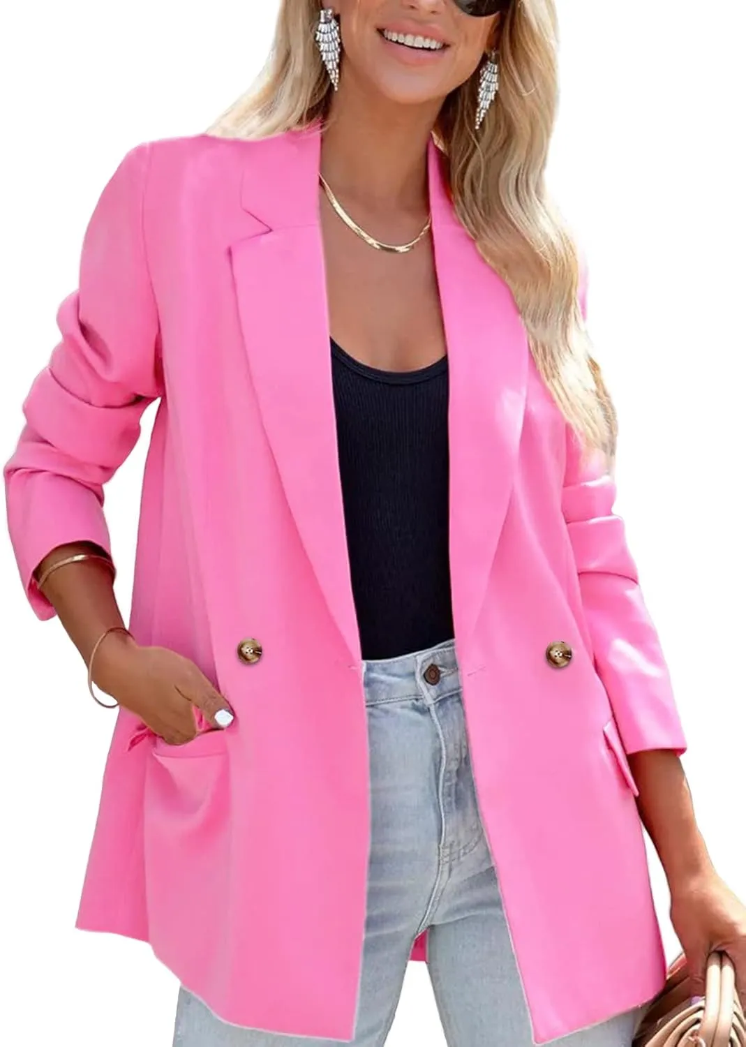 ARTFREE Womens Casual Blazer Button Lapel Long Sleeve Work Business Fashion Blazers Jackets Outfits with Pockets Pink XL
