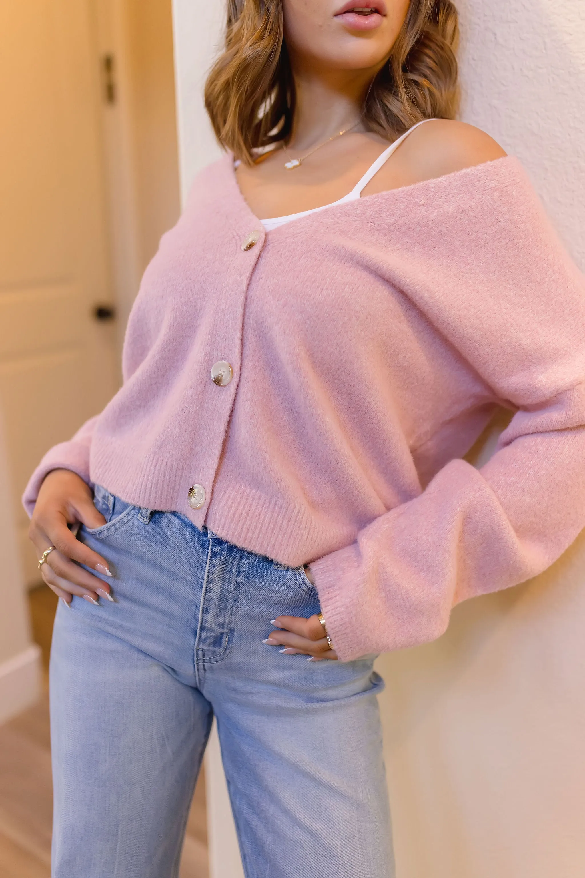 Beverly Long Sleeve Button Down Cardigan Pink