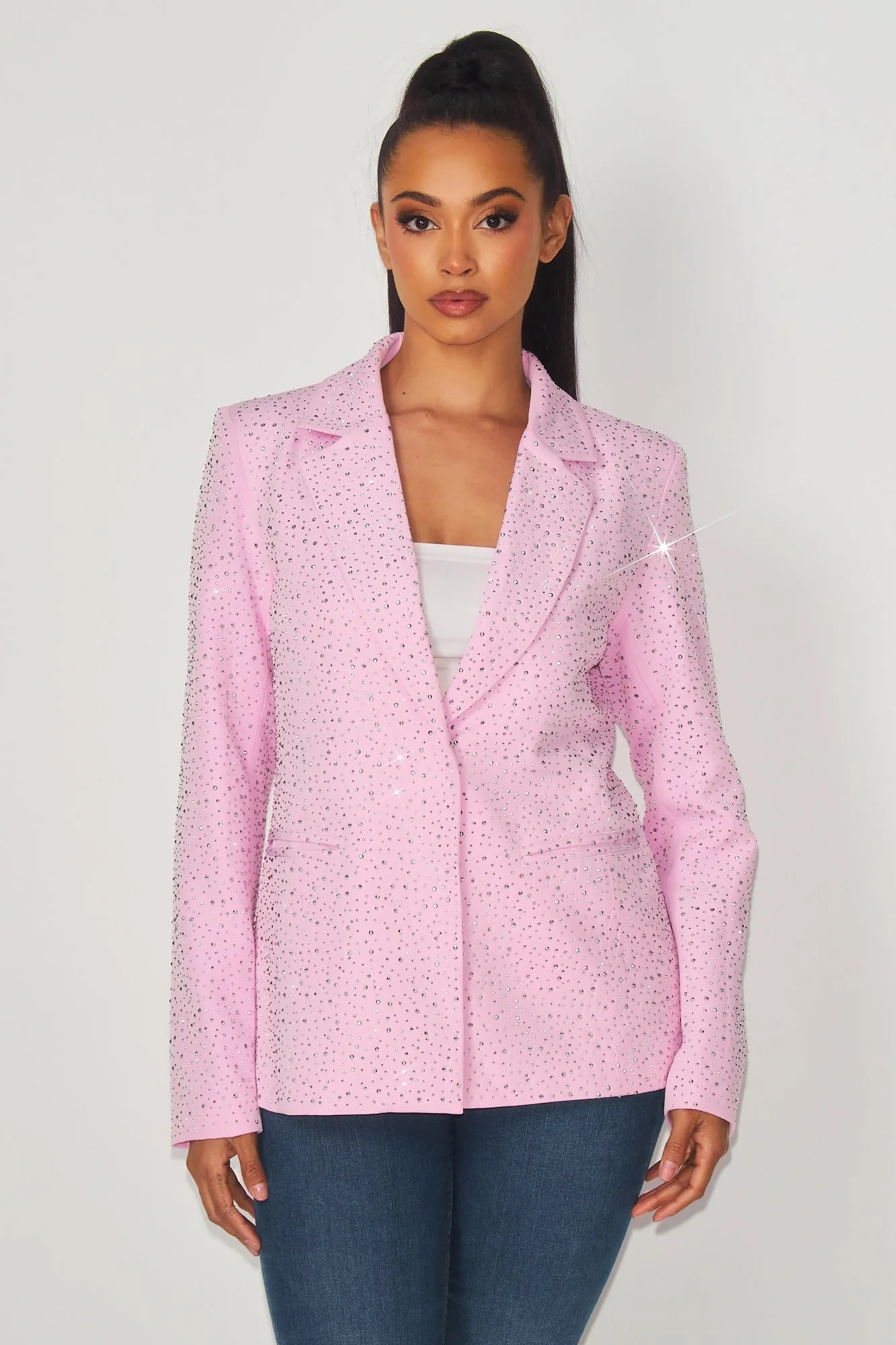 Boss Moves Notched Lapel Rhinestone Blazer Jacket