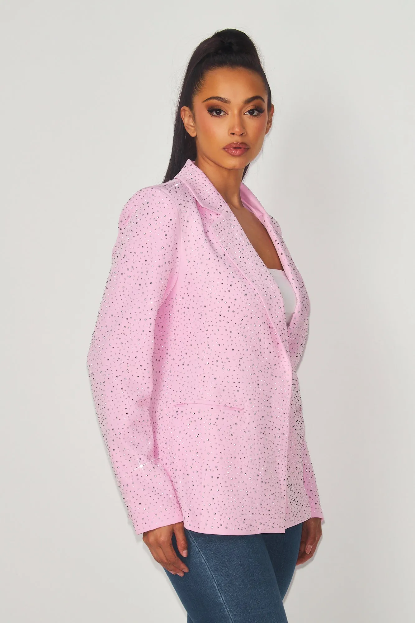 Boss Moves Notched Lapel Rhinestone Blazer Jacket