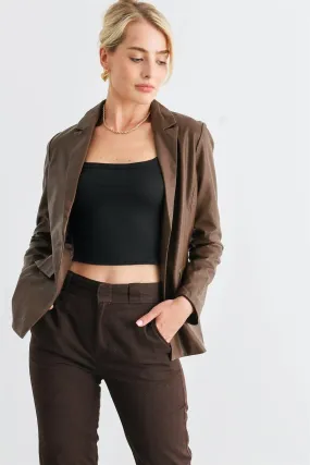 Brown Faux Leather Two Pocket Button Long Sleeve Blazer /1-2-2-1