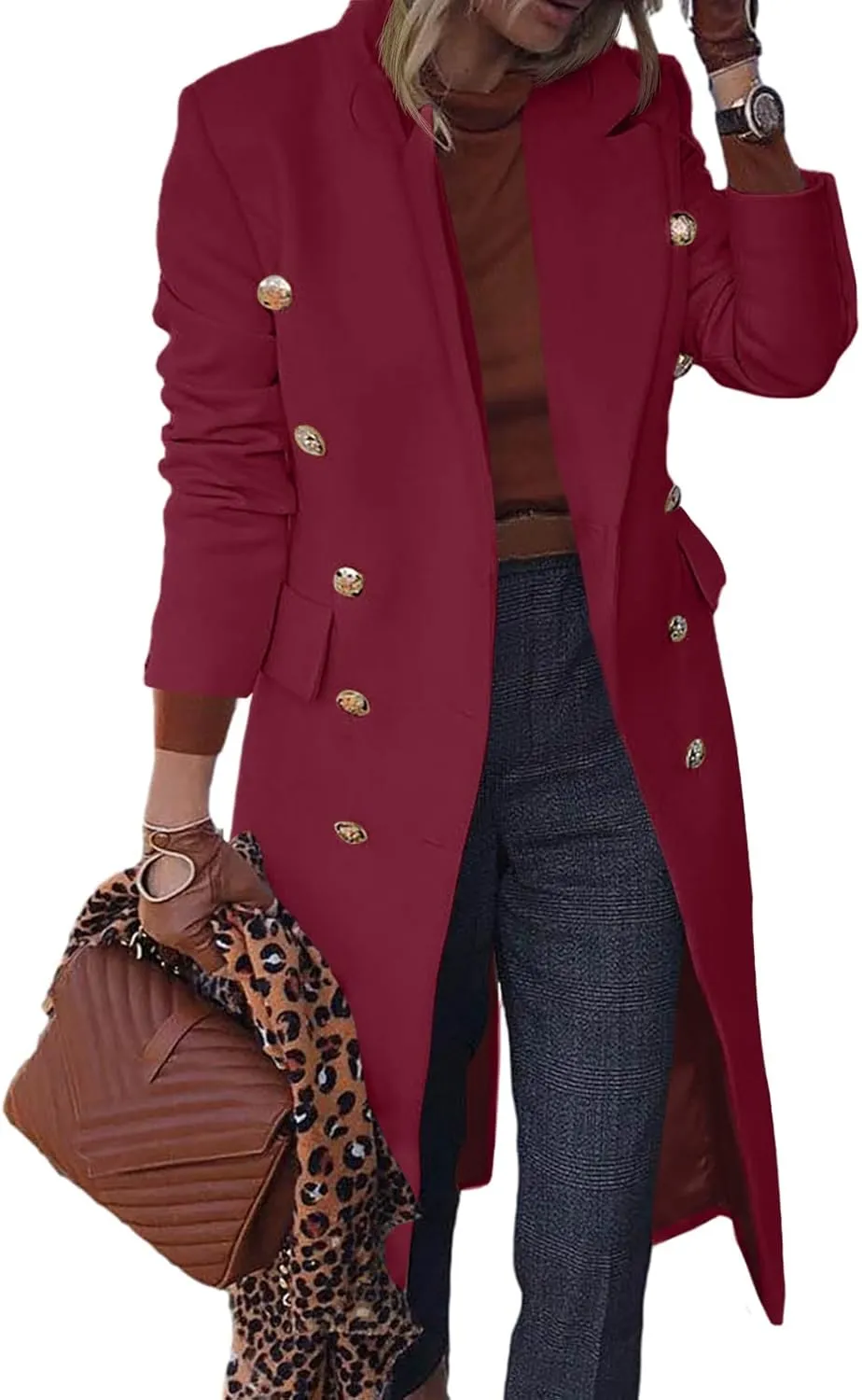 BZB Women's Elegant Notched Collar Double Button Slim Long Wool Blend Pea Coat Jacket
