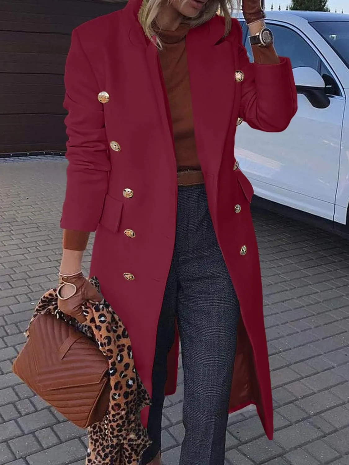 BZB Women's Elegant Notched Collar Double Button Slim Long Wool Blend Pea Coat Jacket