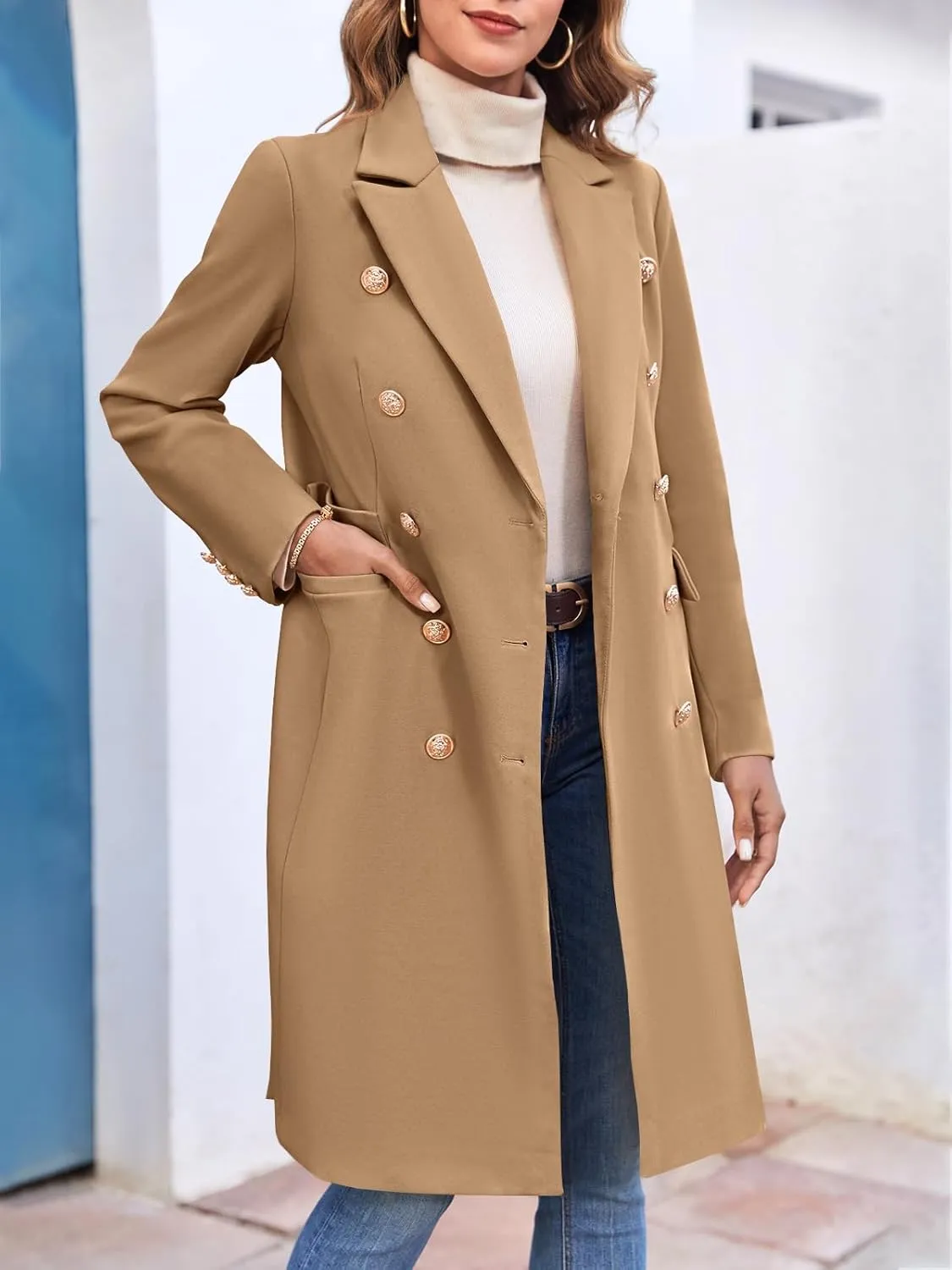 BZB Women's Elegant Notched Collar Double Button Slim Long Wool Blend Pea Coat Jacket