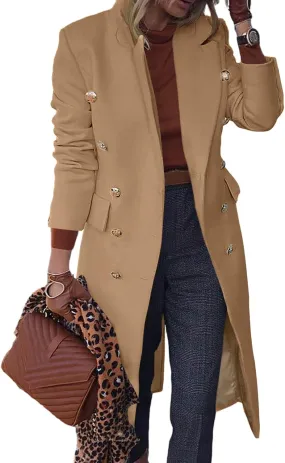 BZB Women's Elegant Notched Collar Double Button Slim Long Wool Blend Pea Coat Jacket