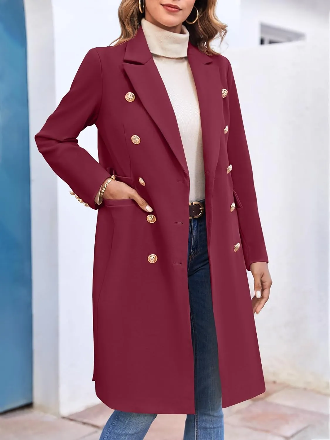 BZB Women's Elegant Notched Collar Double Button Slim Long Wool Blend Pea Coat Jacket