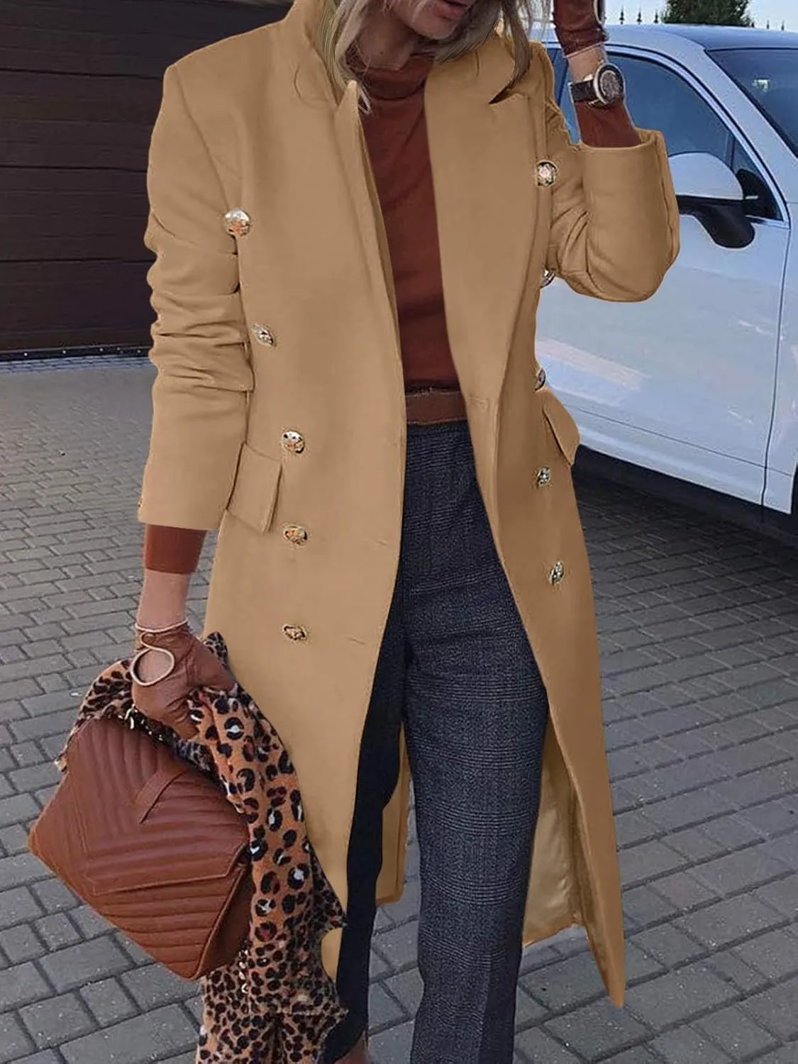 BZB Women's Elegant Notched Collar Double Button Slim Long Wool Blend Pea Coat Jacket