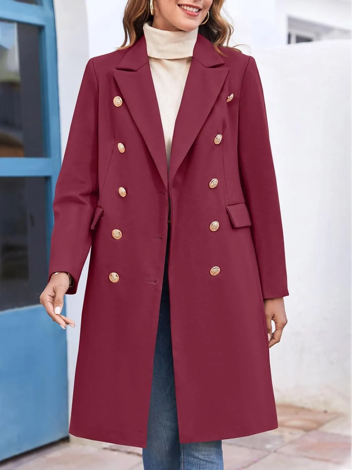 BZB Women's Elegant Notched Collar Double Button Slim Long Wool Blend Pea Coat Jacket