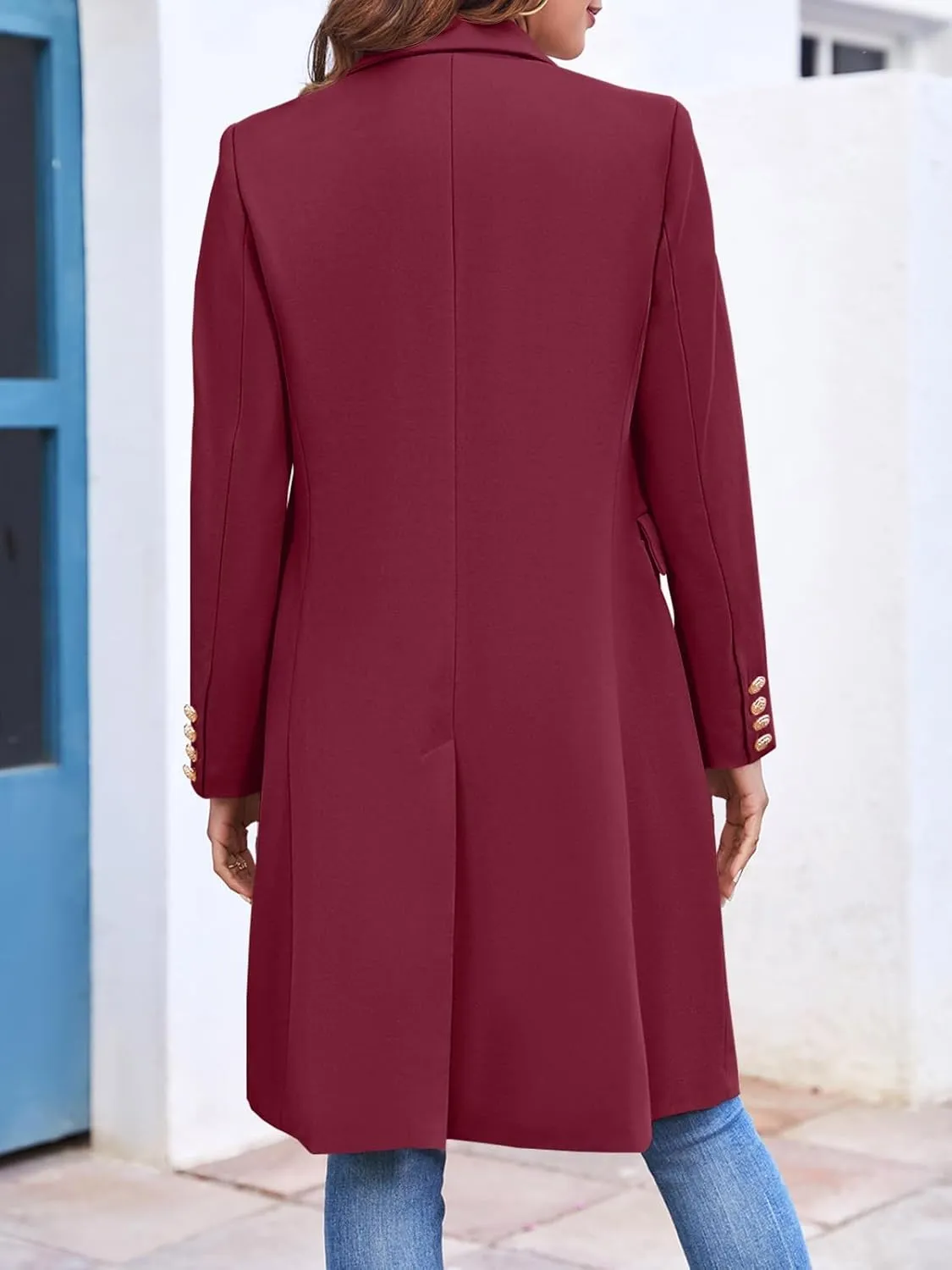 BZB Women's Elegant Notched Collar Double Button Slim Long Wool Blend Pea Coat Jacket