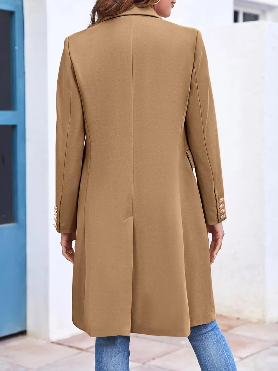 BZB Women's Elegant Notched Collar Double Button Slim Long Wool Blend Pea Coat Jacket