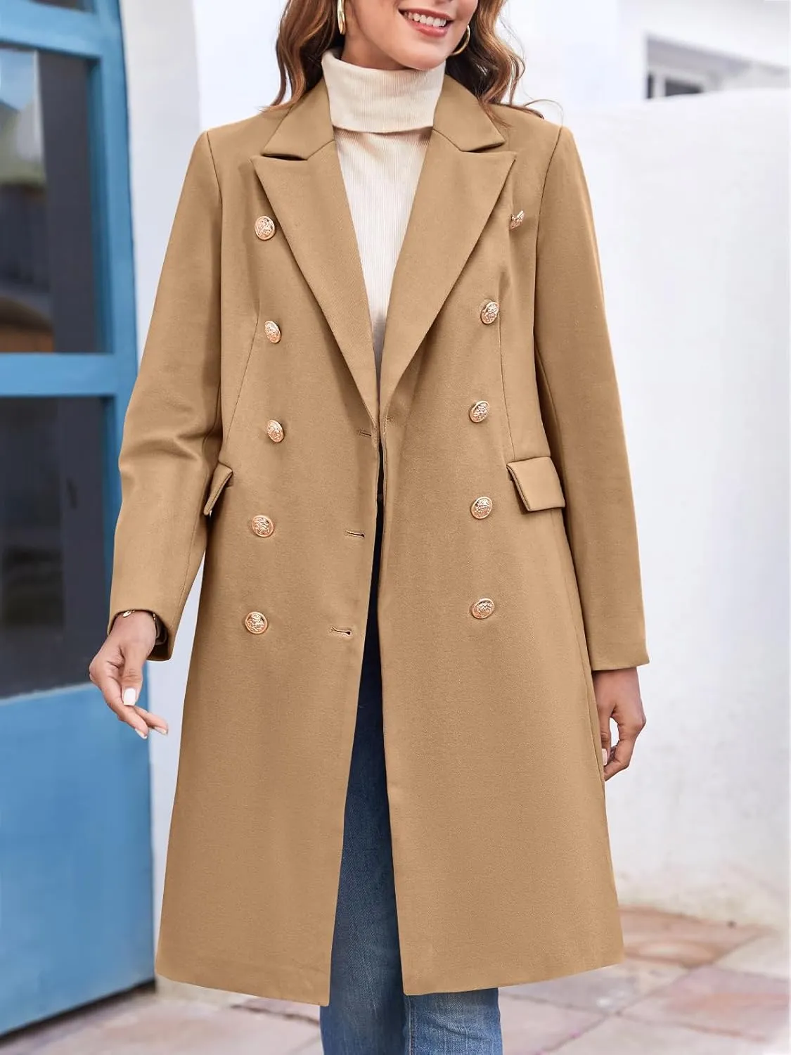 BZB Women's Elegant Notched Collar Double Button Slim Long Wool Blend Pea Coat Jacket