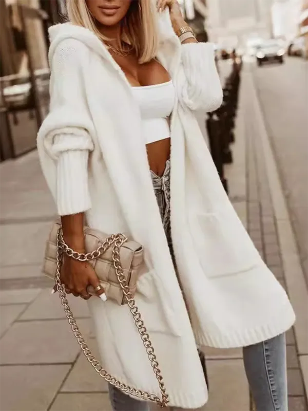 Cardigan Lapel Hooded Long Wool Loose Sweater Coat (White)