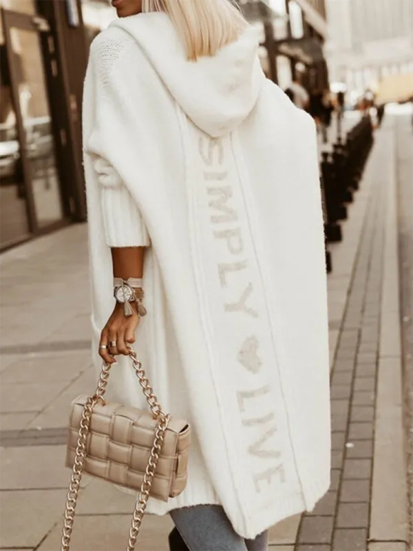 Cardigan Lapel Hooded Long Wool Loose Sweater Coat (White)