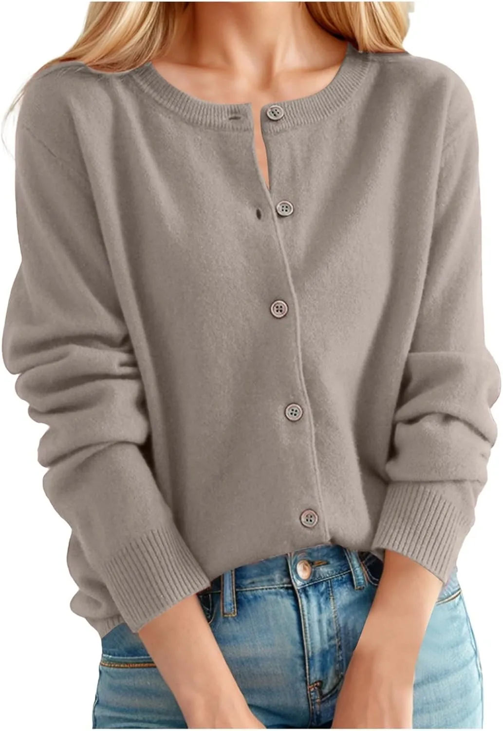 Cardigan Sweaters for Women Long Sleeve Crew Neck Soft Cashmere Sweater Open Front Button Lightweight Warm Outerwear