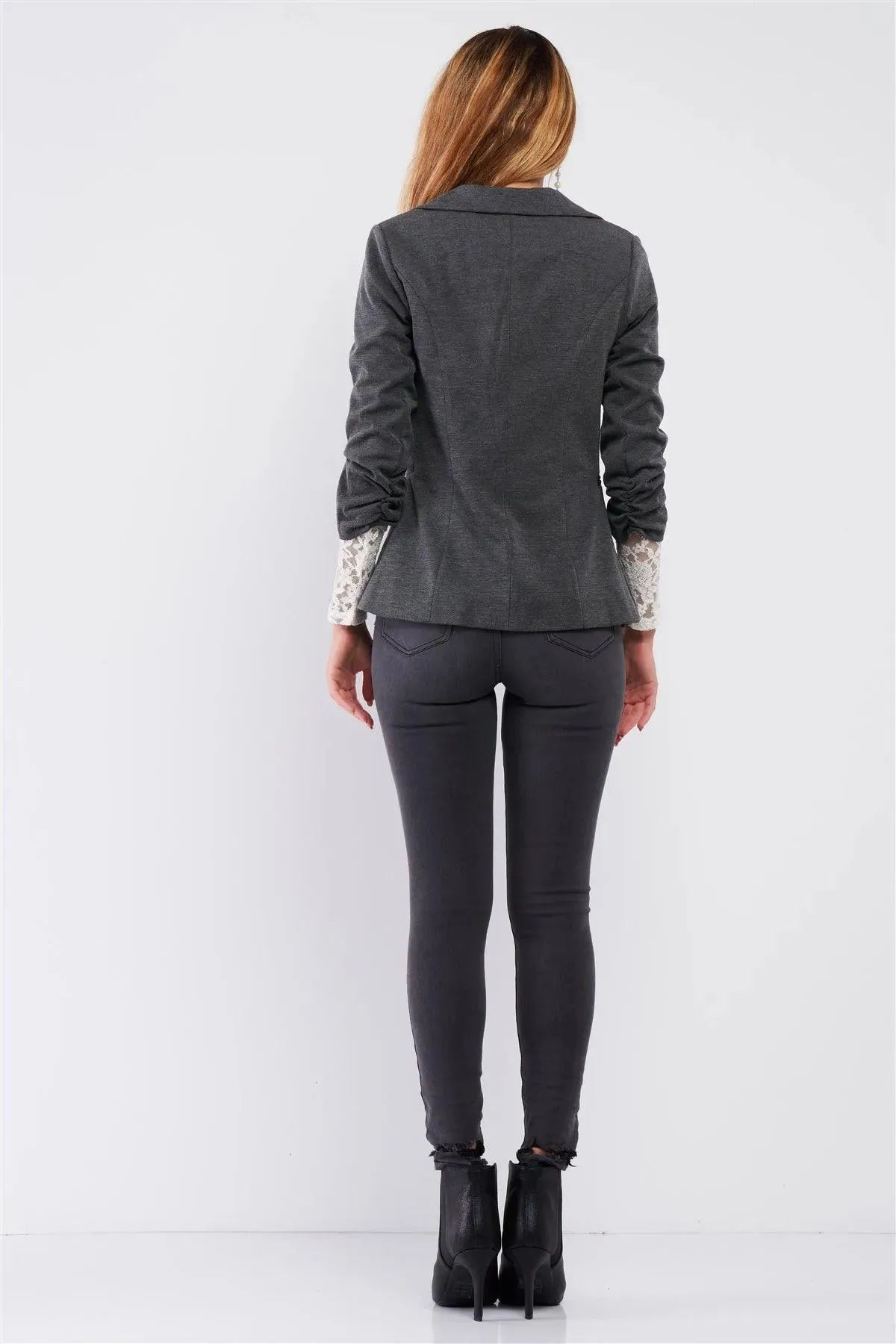 Charcoal 3/4 Drawstring Sleeve One Button Fitted Blazer /3-3