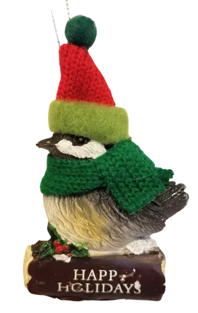 Cozy Bird with Green Scarf and Santa Hat Ornament 3"-Happy Holidays