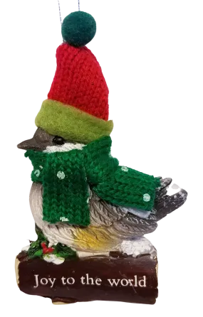 Cozy Bird with Green Scarf and Santa Hat Ornament 3"- Joy to the World
