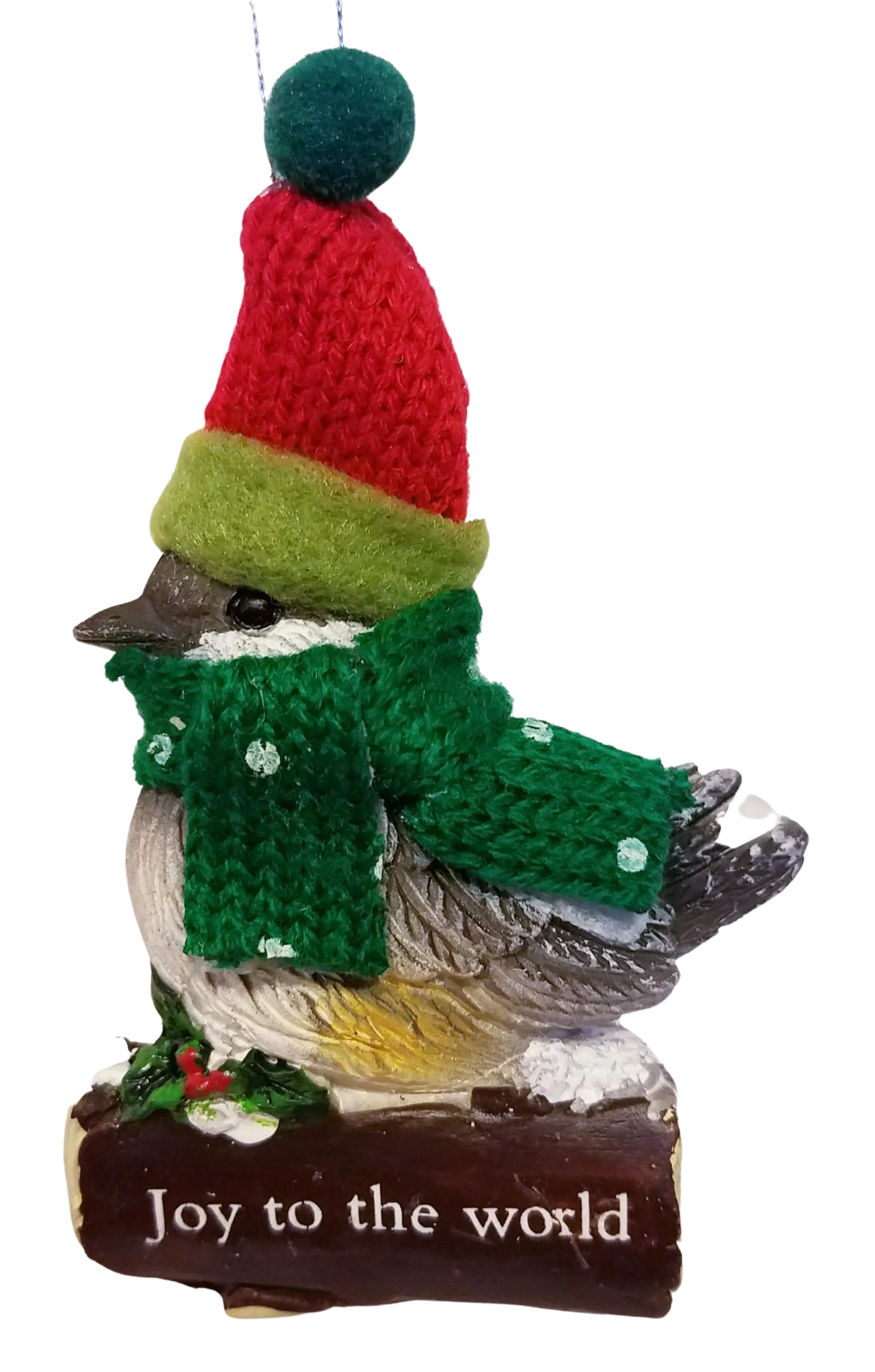 Cozy Bird with Green Scarf and Santa Hat Ornament 3"- Joy to the World