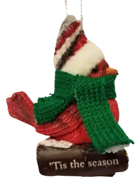 Cozy Bird with Green Scarf and Santa Hat Ornament 3"- 'Tis the Season