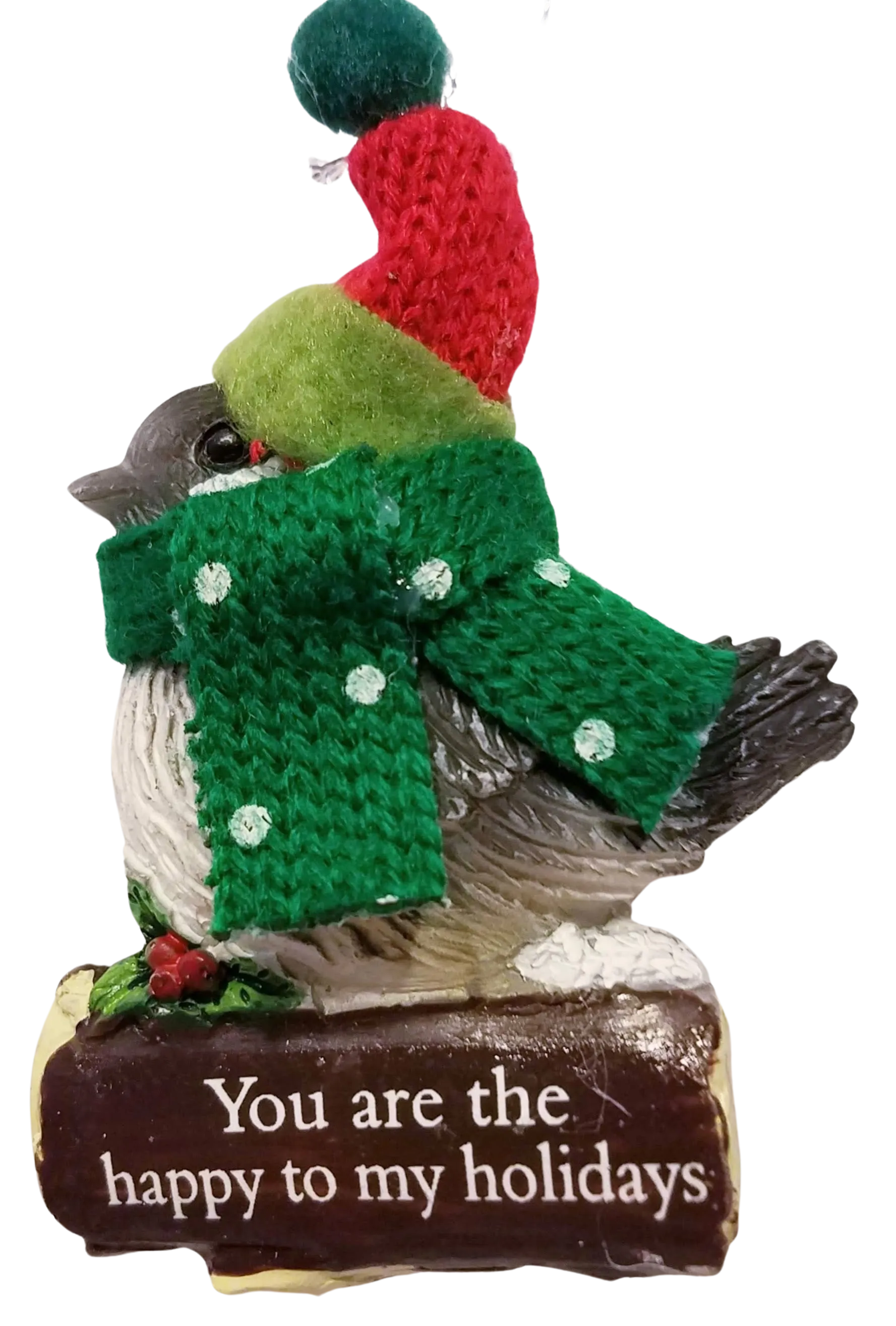 Cozy Bird with Green Scarf and Santa Hat Ornament 3"- You are the Happy to my Holidays