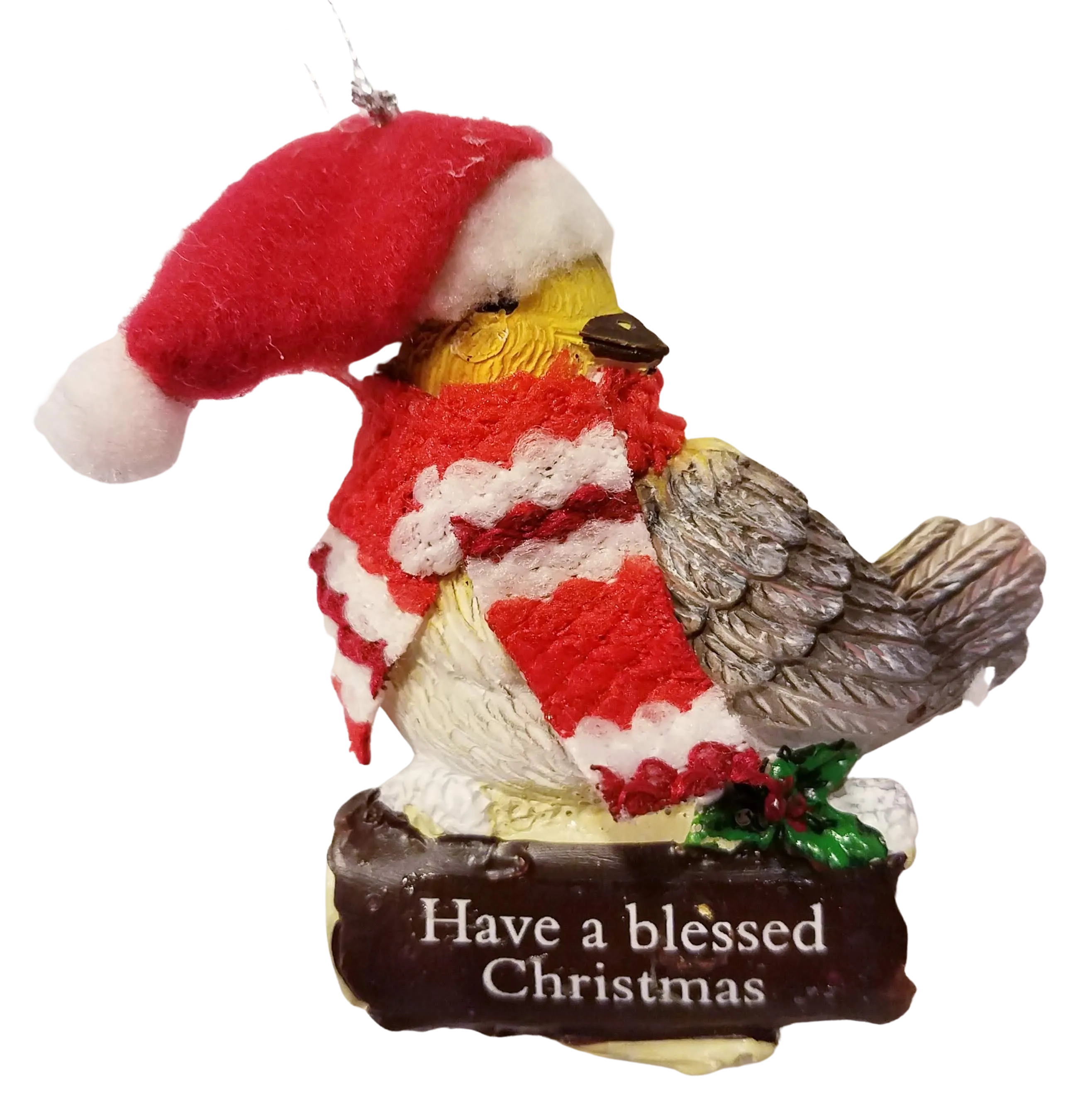 Cozy Bird with Red Scarf and Santa Hat Ornament 3"- Have a Blessed Christmas