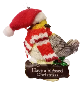 Cozy Bird with Red Scarf and Santa Hat Ornament 3"- Have a Blessed Christmas