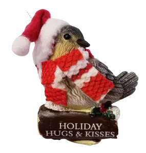 Cozy Bird with Red Scarf and Santa Hat Ornament 3"- Holiday Hugs & Kisses