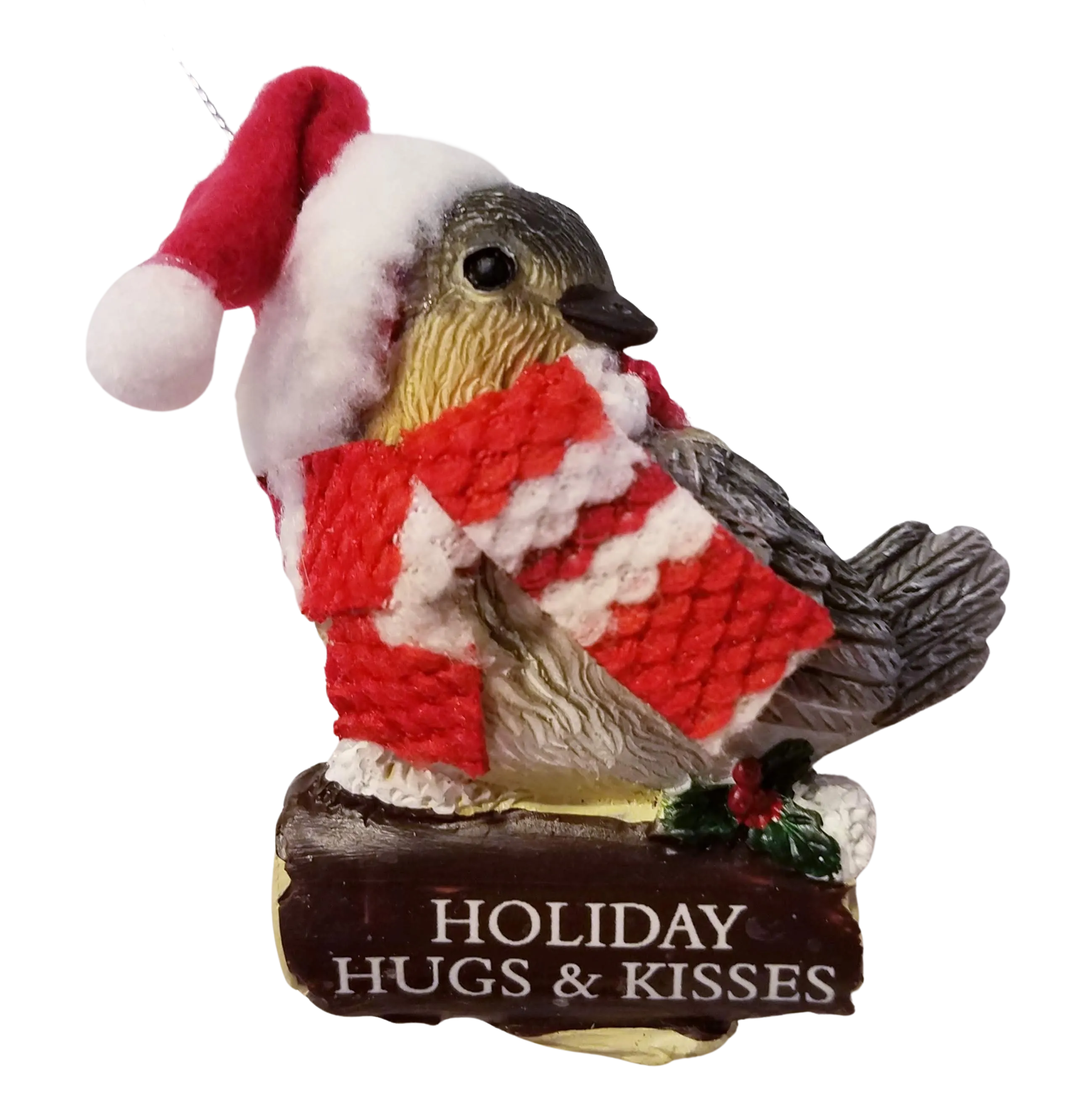Cozy Bird with Red Scarf and Santa Hat Ornament 3"- Holiday Hugs & Kisses
