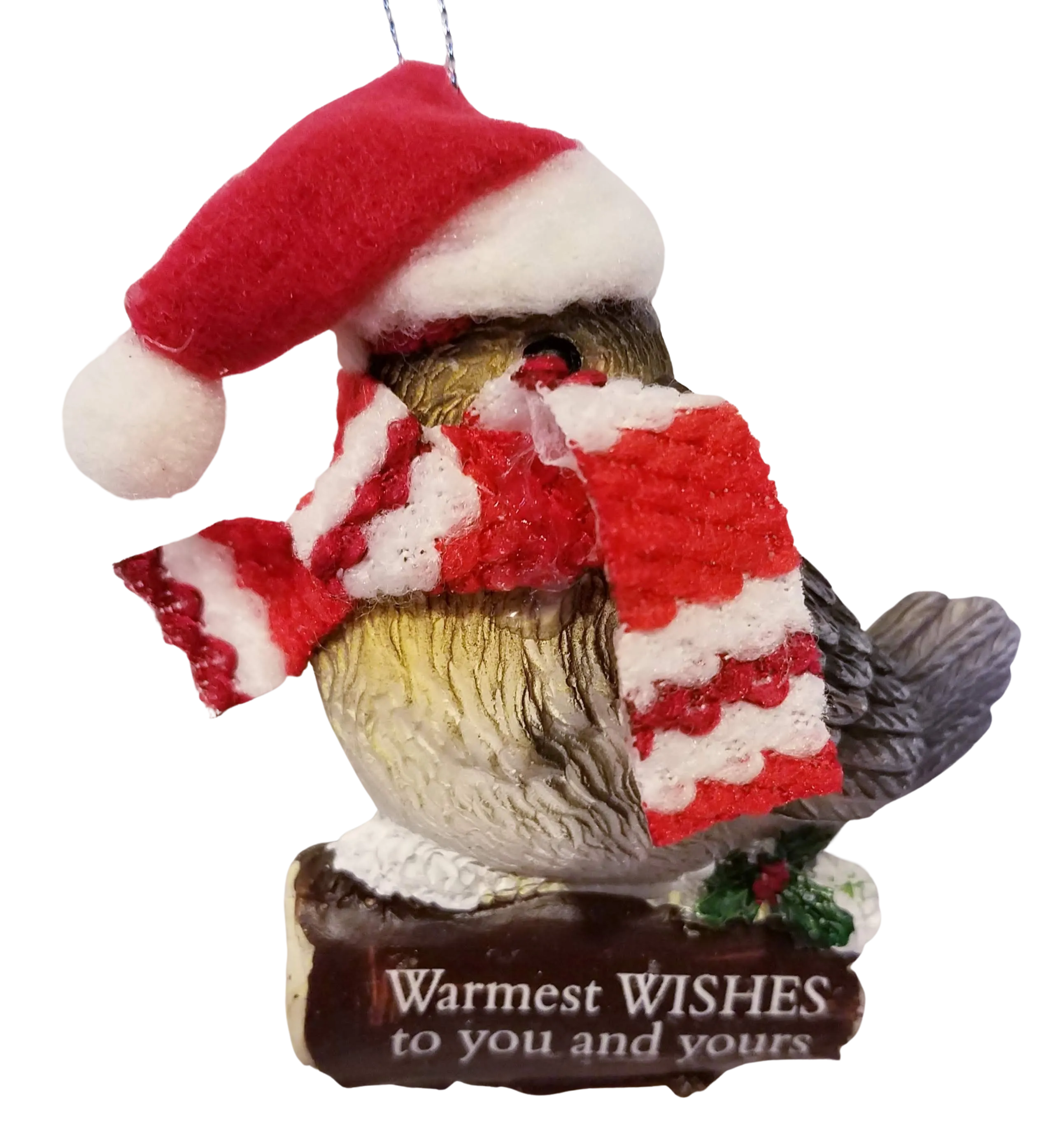 Cozy Bird with Red Scarf and Santa Hat Ornament 3"-Warmest Wishes to You and Yours