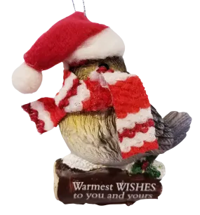 Cozy Bird with Red Scarf and Santa Hat Ornament 3"-Warmest Wishes to You and Yours