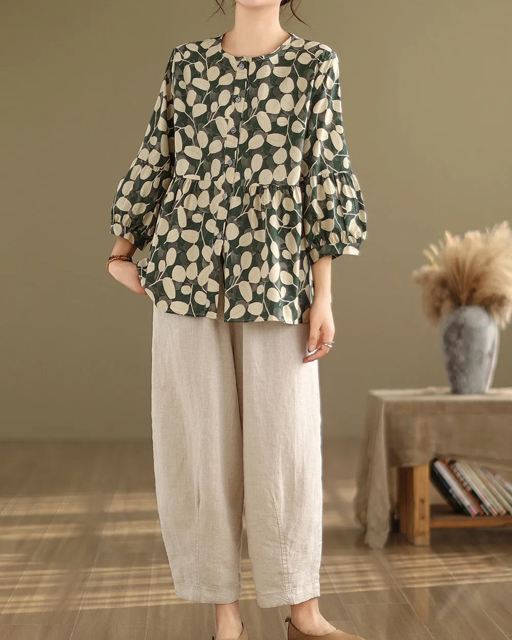 ellazhu Women's 3/4 Sleeves Crewneck Floral Print Patchwork Button Down Flowy Hem Shirt GA2727