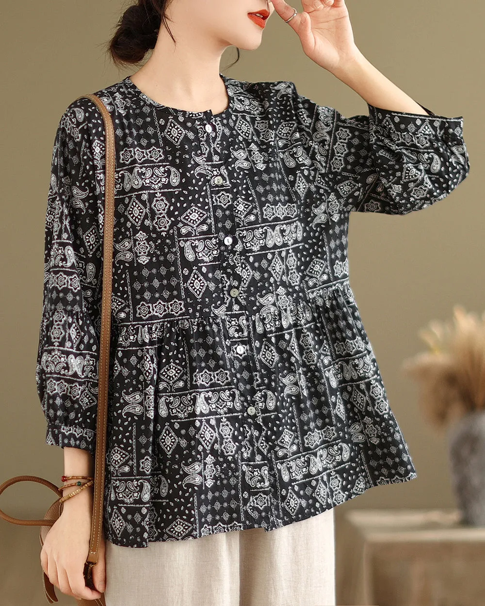 ellazhu Women's 3/4 Sleeves Crewneck Floral Print Patchwork Button Down Flowy Hem Shirt GA2727