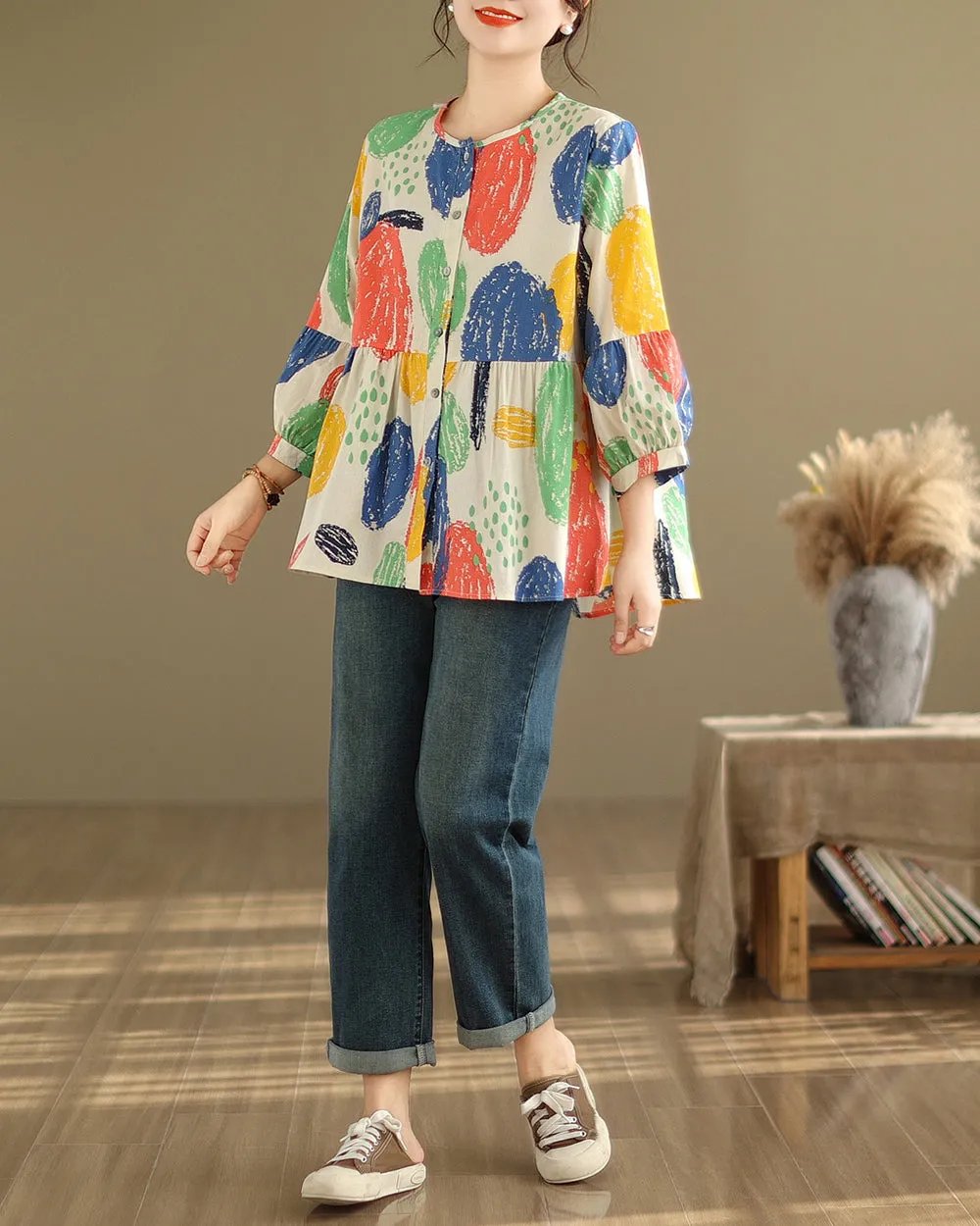 ellazhu Women's 3/4 Sleeves Crewneck Floral Print Patchwork Button Down Flowy Hem Shirt GA2727
