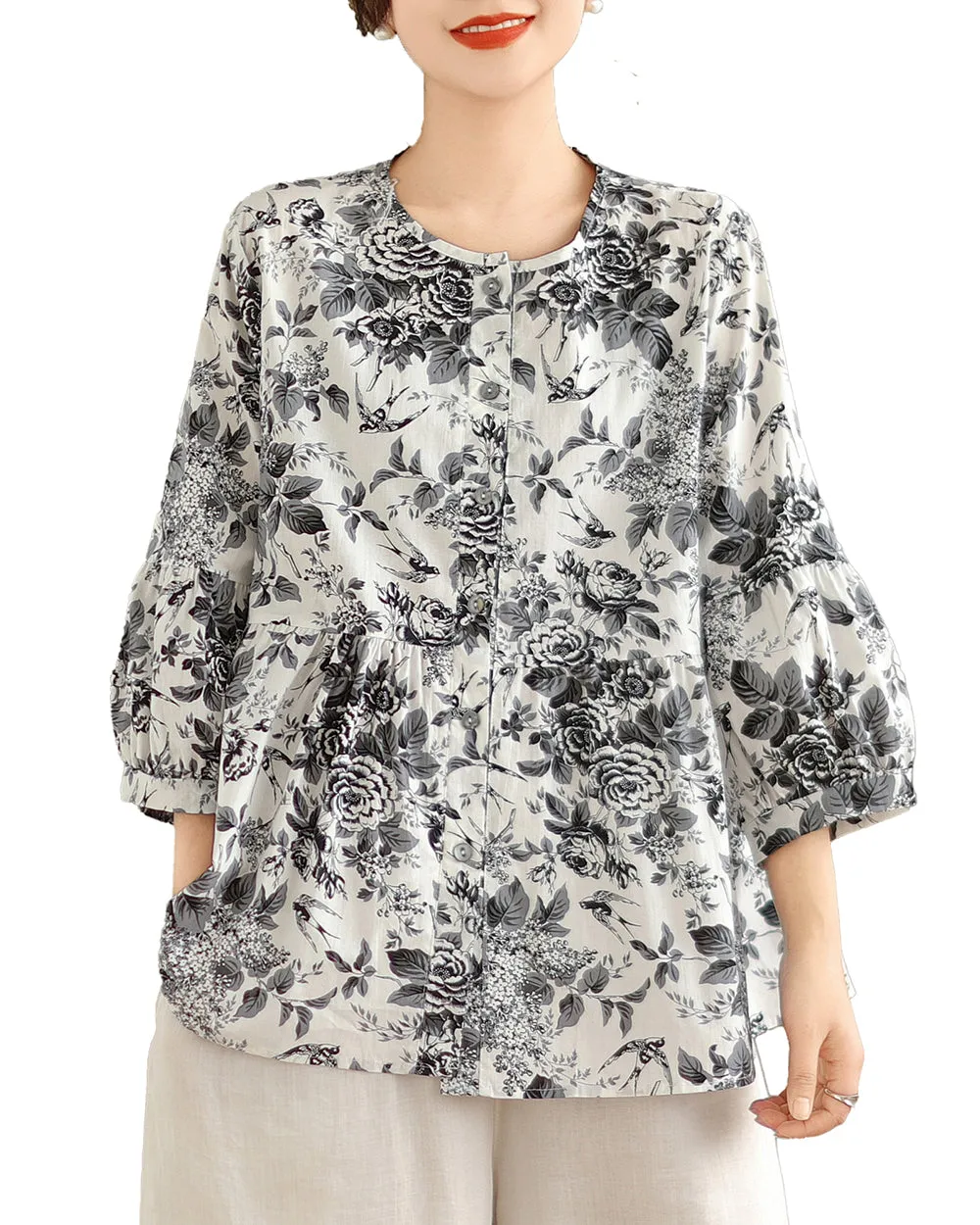 ellazhu Women's 3/4 Sleeves Crewneck Floral Print Patchwork Button Down Flowy Hem Shirt GA2727