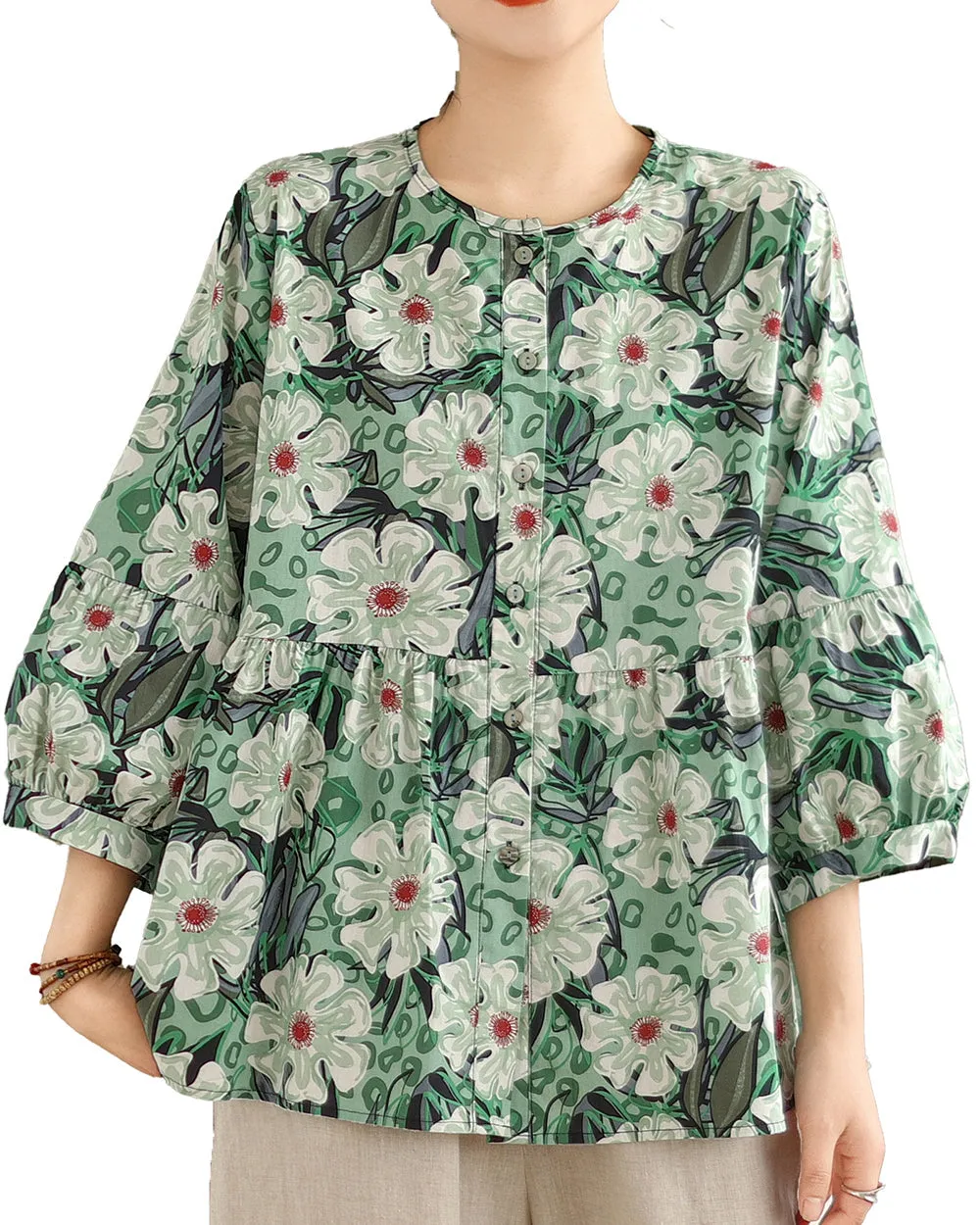 ellazhu Women's 3/4 Sleeves Crewneck Floral Print Patchwork Button Down Flowy Hem Shirt GA2727