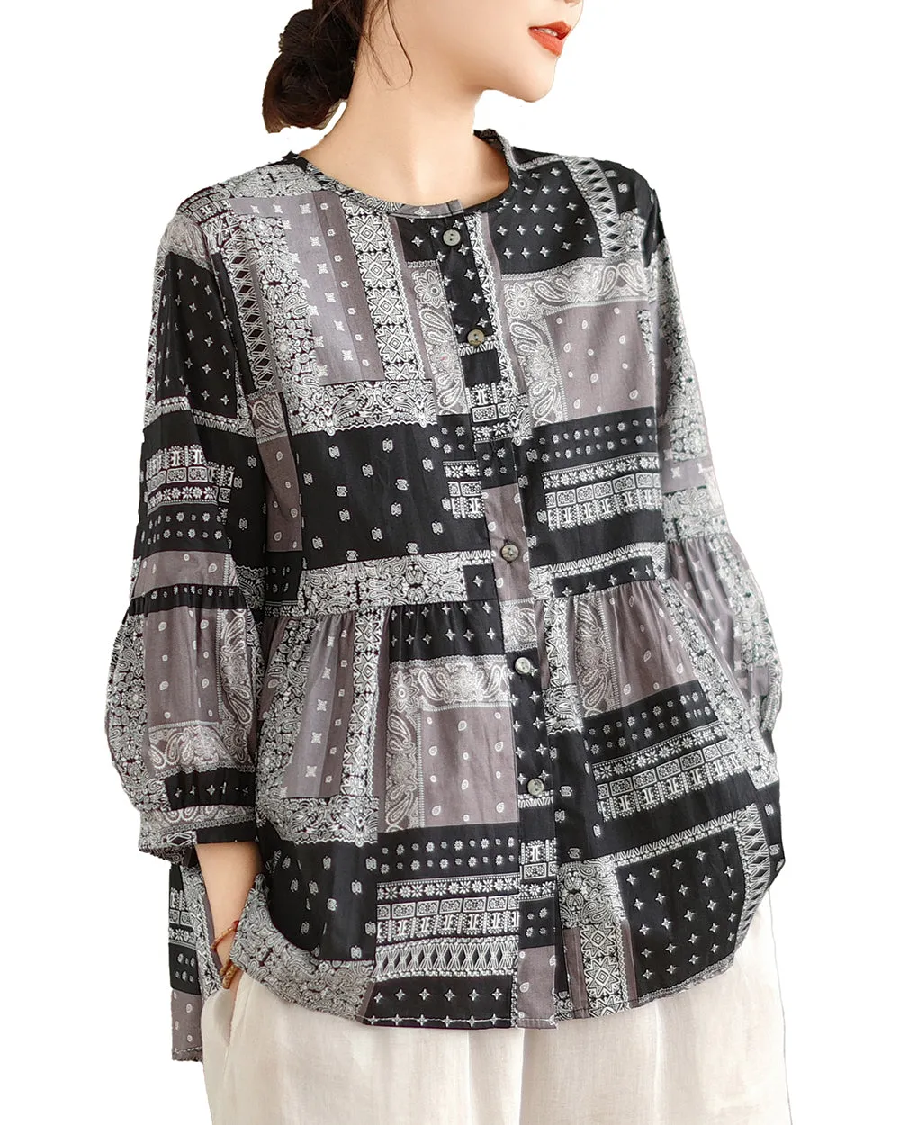 ellazhu Women's 3/4 Sleeves Crewneck Floral Print Patchwork Button Down Flowy Hem Shirt GA2727