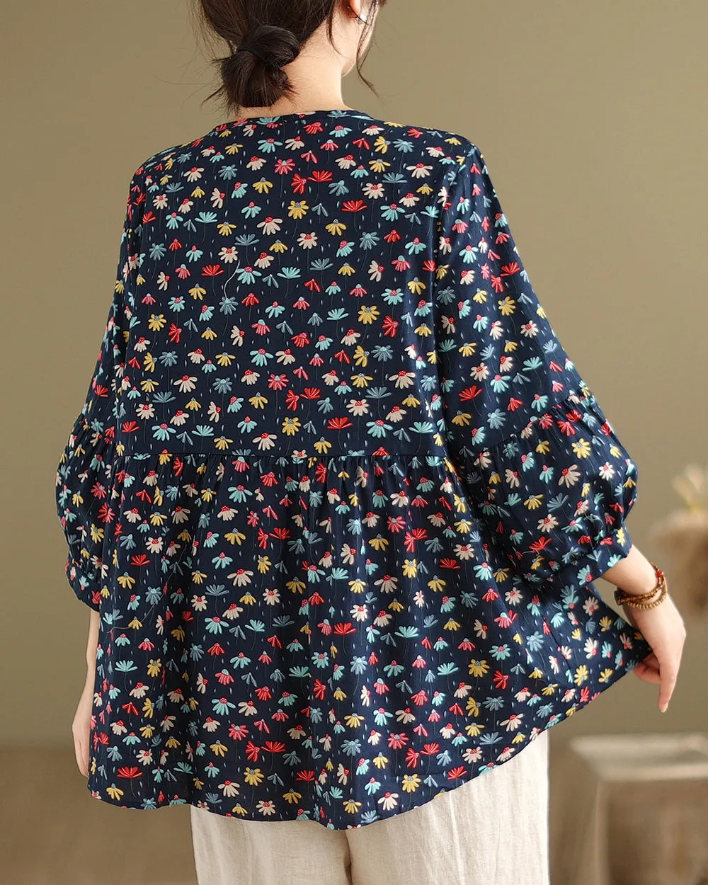 ellazhu Women's 3/4 Sleeves Crewneck Floral Print Patchwork Button Down Flowy Hem Shirt GA2727