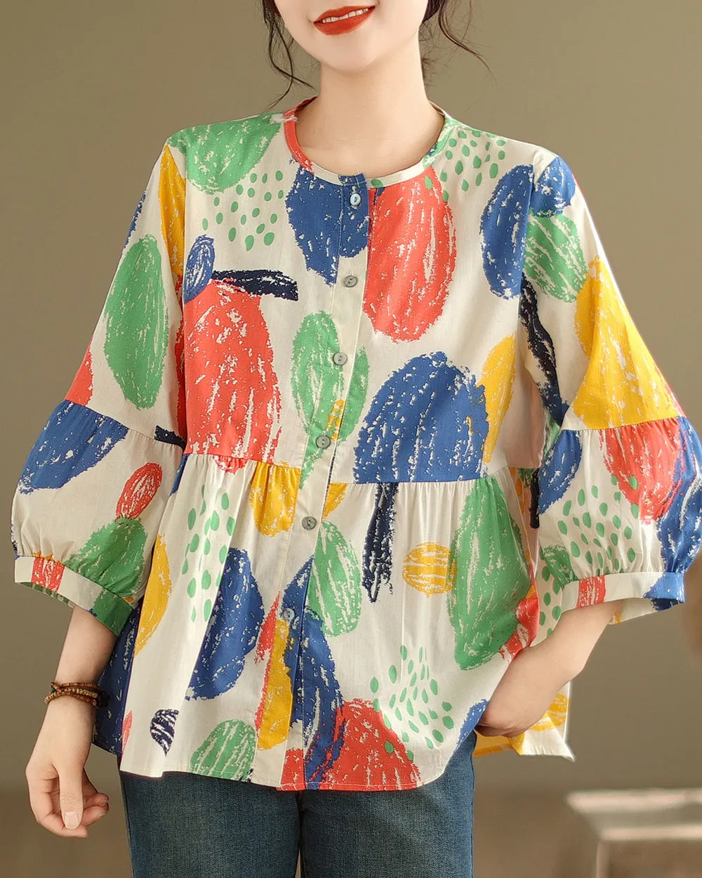 ellazhu Women's 3/4 Sleeves Crewneck Floral Print Patchwork Button Down Flowy Hem Shirt GA2727