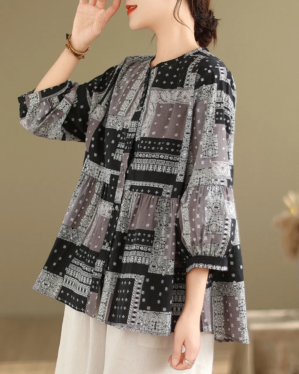 ellazhu Women's 3/4 Sleeves Crewneck Floral Print Patchwork Button Down Flowy Hem Shirt GA2727