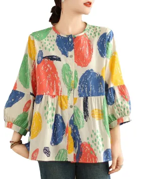 ellazhu Women's 3/4 Sleeves Crewneck Floral Print Patchwork Button Down Flowy Hem Shirt GA2727