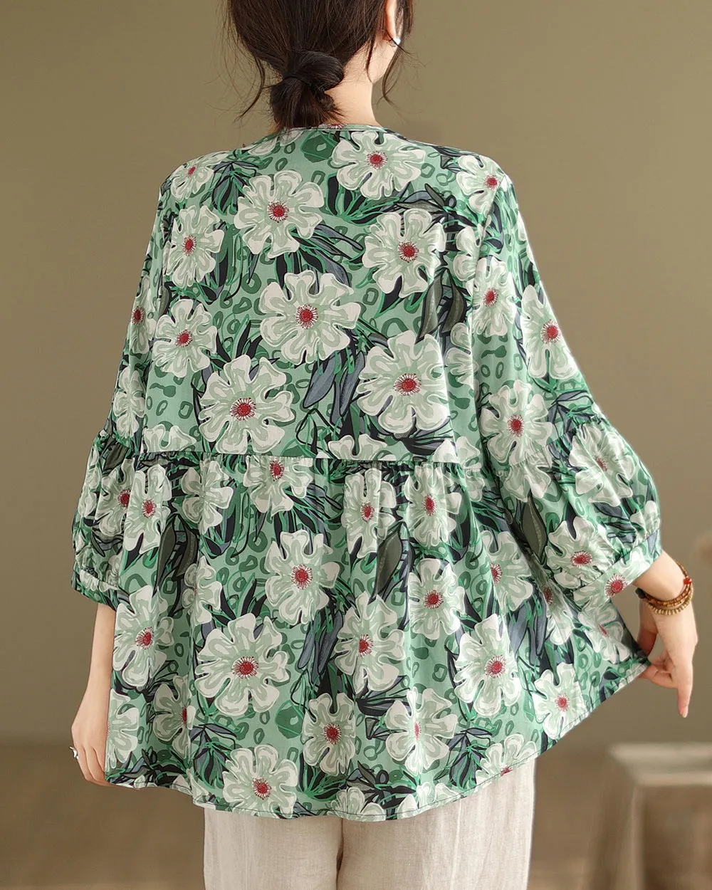 ellazhu Women's 3/4 Sleeves Crewneck Floral Print Patchwork Button Down Flowy Hem Shirt GA2727