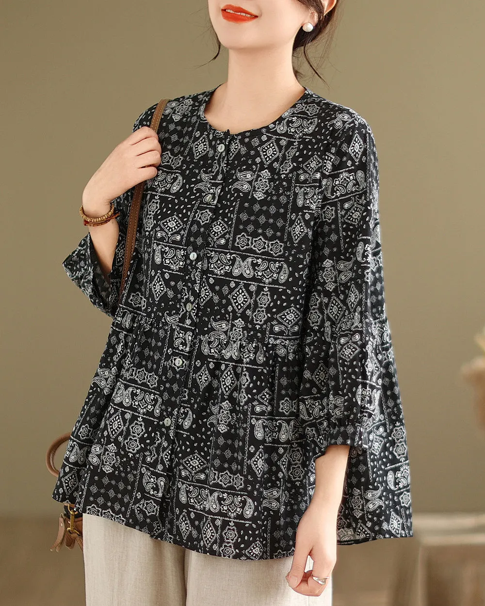 ellazhu Women's 3/4 Sleeves Crewneck Floral Print Patchwork Button Down Flowy Hem Shirt GA2727
