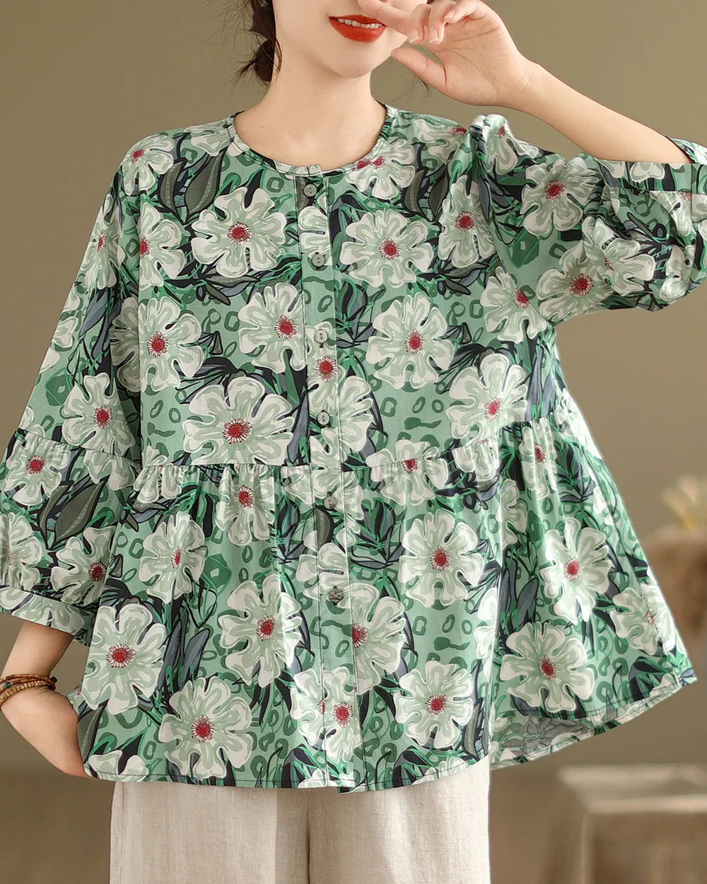 ellazhu Women's 3/4 Sleeves Crewneck Floral Print Patchwork Button Down Flowy Hem Shirt GA2727
