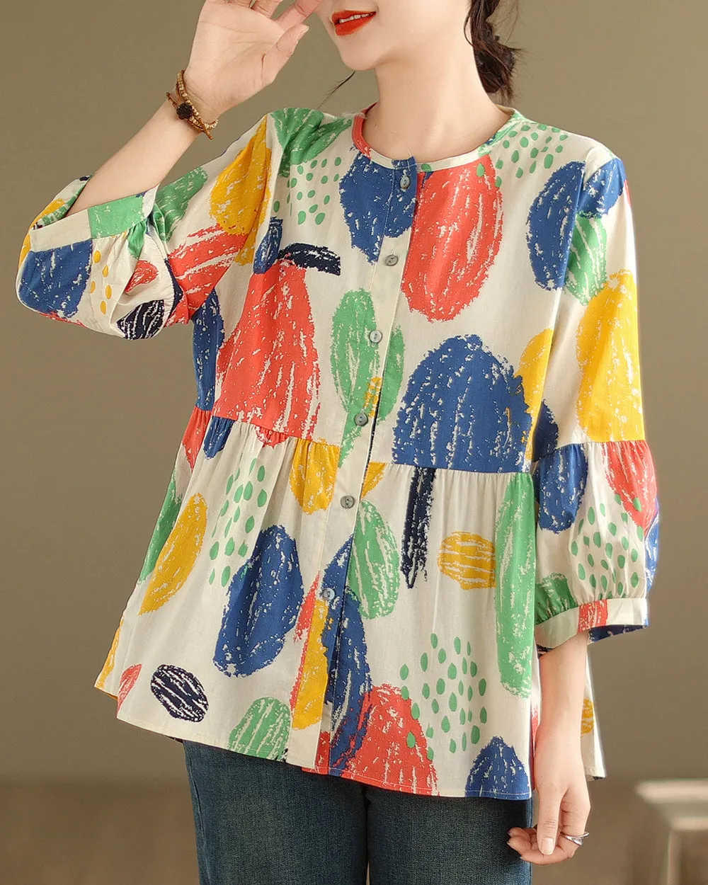 ellazhu Women's 3/4 Sleeves Crewneck Floral Print Patchwork Button Down Flowy Hem Shirt GA2727