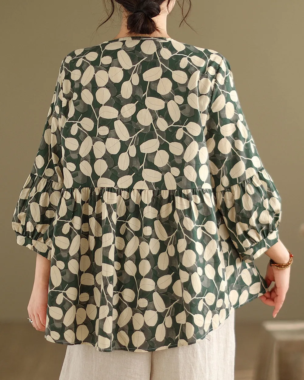 ellazhu Women's 3/4 Sleeves Crewneck Floral Print Patchwork Button Down Flowy Hem Shirt GA2727