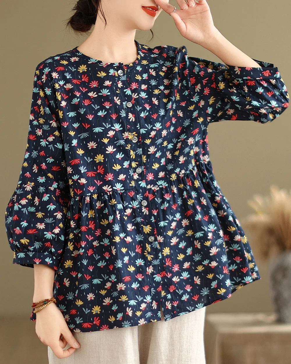 ellazhu Women's 3/4 Sleeves Crewneck Floral Print Patchwork Button Down Flowy Hem Shirt GA2727
