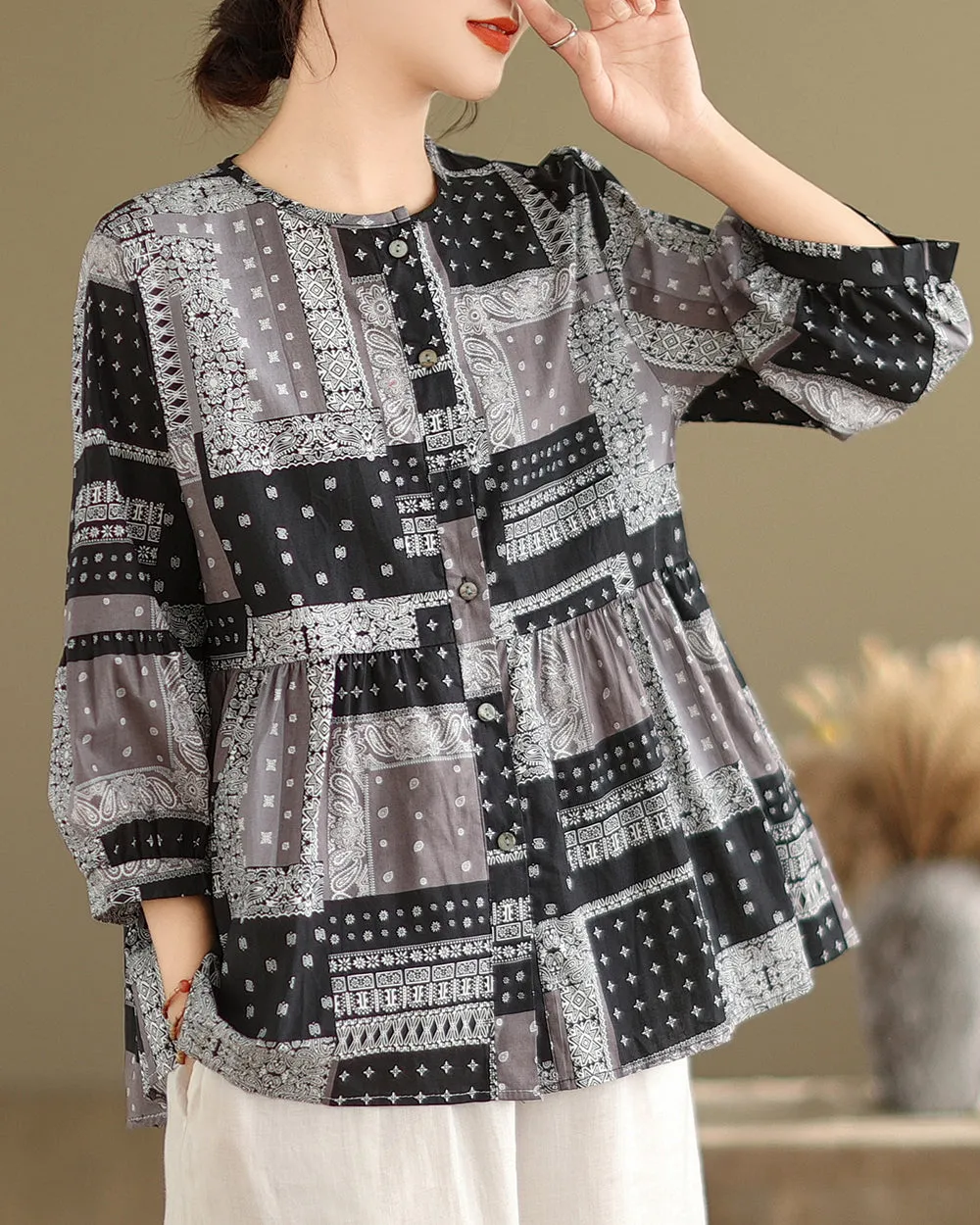 ellazhu Women's 3/4 Sleeves Crewneck Floral Print Patchwork Button Down Flowy Hem Shirt GA2727