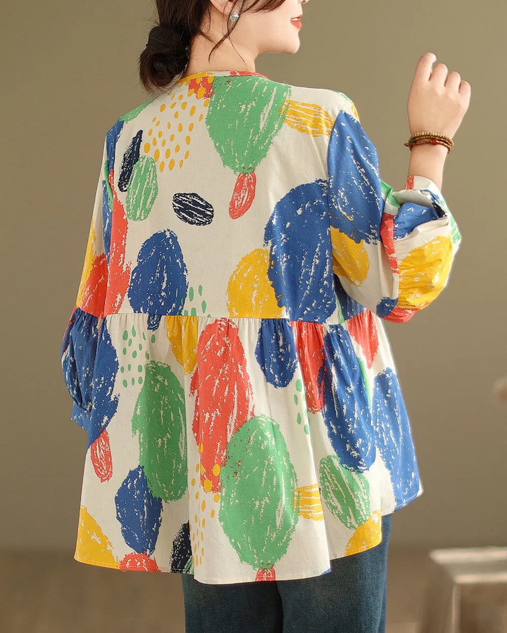 ellazhu Women's 3/4 Sleeves Crewneck Floral Print Patchwork Button Down Flowy Hem Shirt GA2727